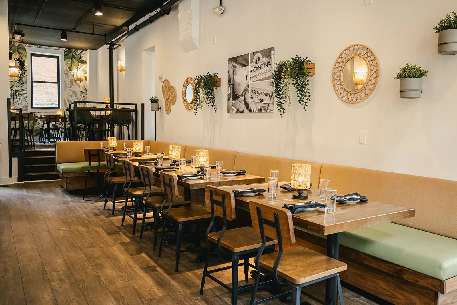 The Crown Cantina dining room set for a private party